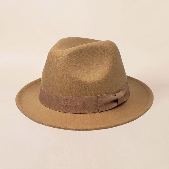 Men & Women Classic Fedora Hat Felt Tan Wide Brim with Bow Accent Ribbon Band